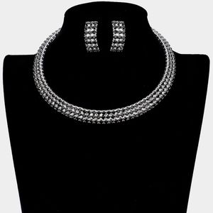 Black Crystal Rhinestone Choker Necklace Cuff 3 Row Open Statement Jewelry Set